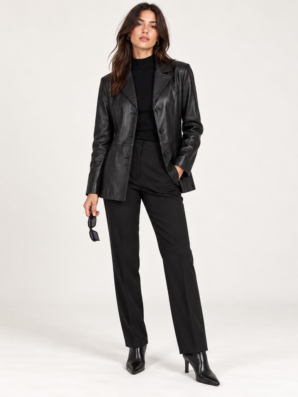 VTG New York & Company Black Leather Longline Blazer Jacket 90’s Office Siren S